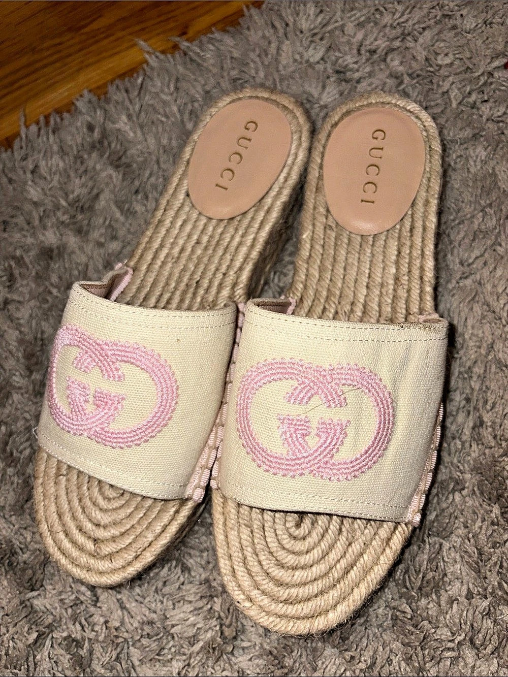 Gucci Interlocking G Espadrille Slide Sandal Beige & Pink